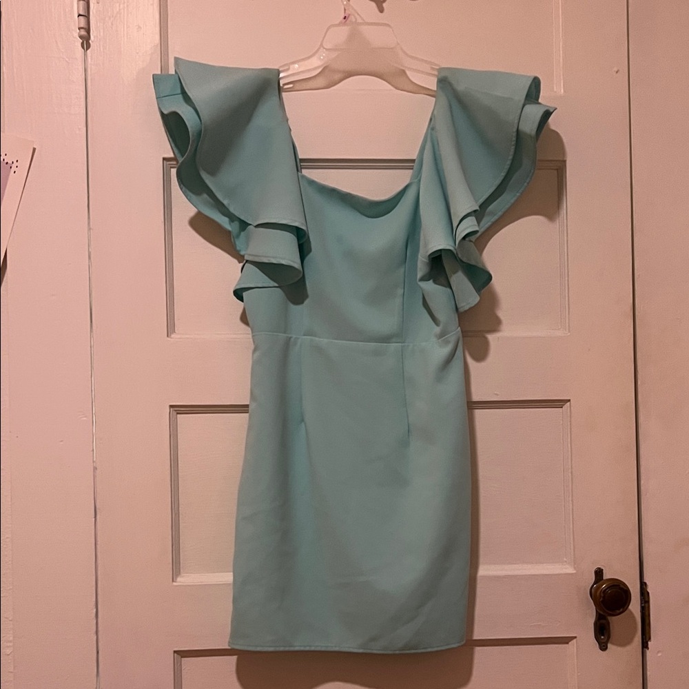 Elegant Ruffle Sleeve Dress in Light Blue